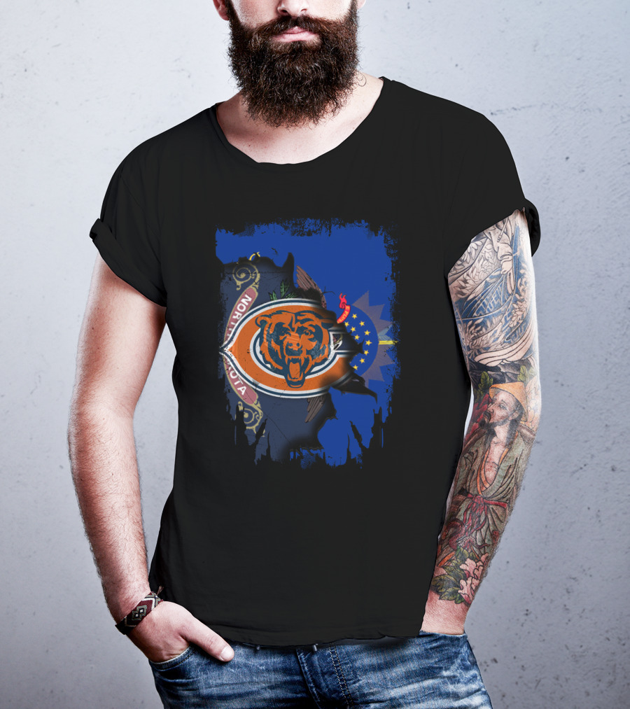 North Dakota Flag With Chicago Bears Logo Fusion T-Shirt