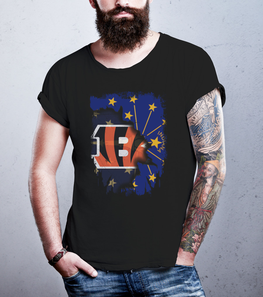 Indiana State Outline With Bengals Logo And Stars T-Shirt