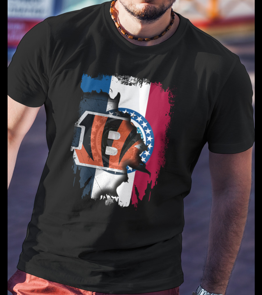 Missouri Flag With Cincinnati Bengals Logo Fusion T-Shirt