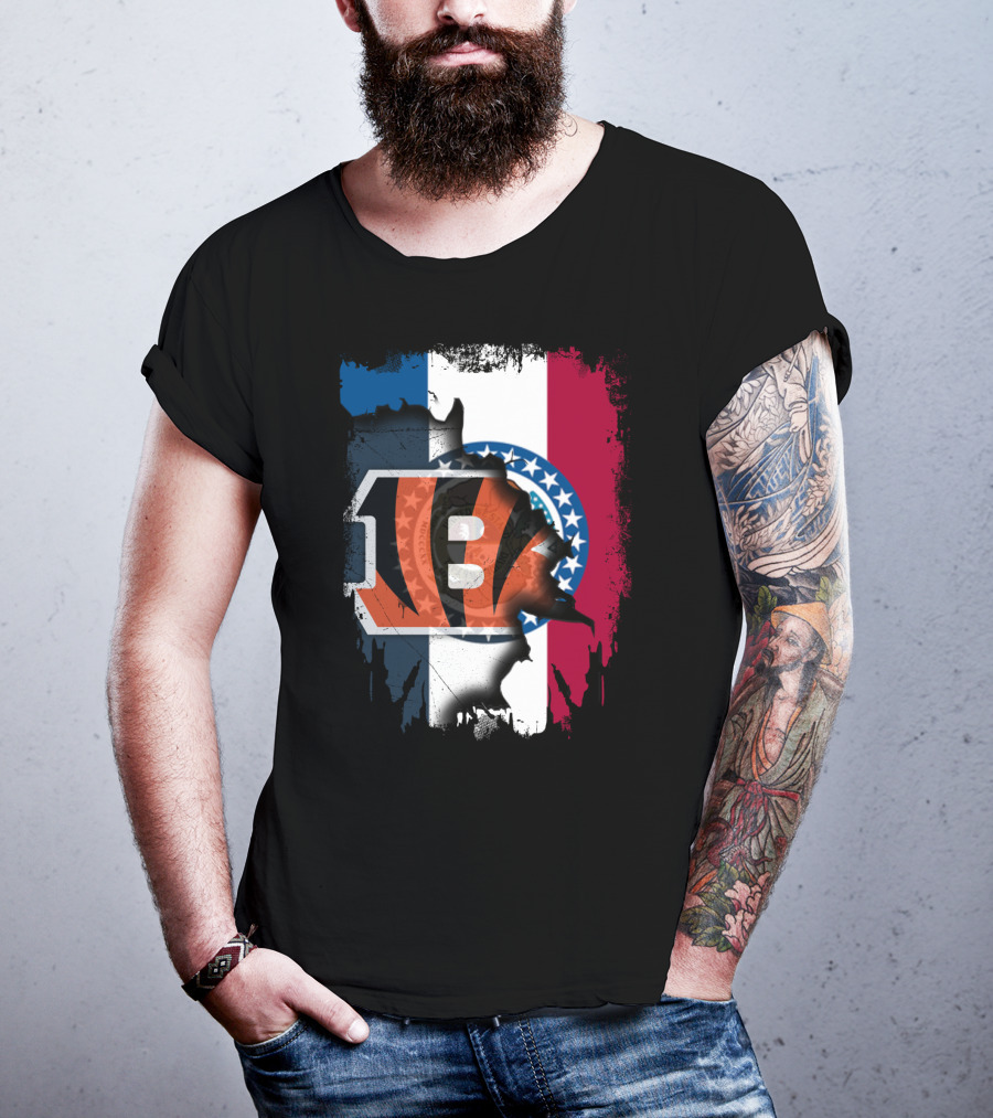 Missouri Flag With Cincinnati Bengals Logo Fusion T-Shirt