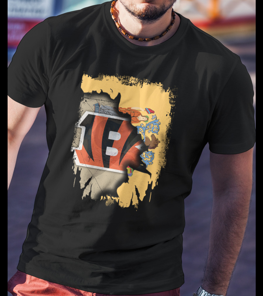 New Jersey State Map With Bengals Stripes And Emblem Overlay T-Shirt