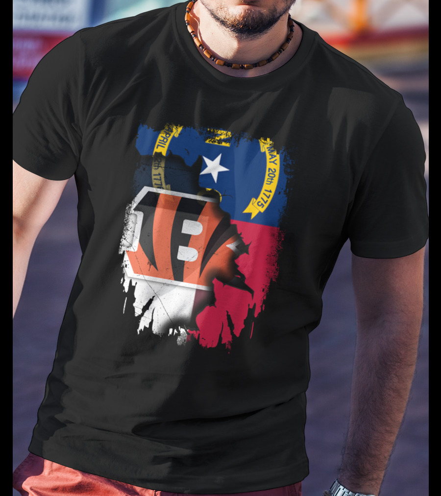 North Carolina State Flag Blended With Bengals Team T-Shirt