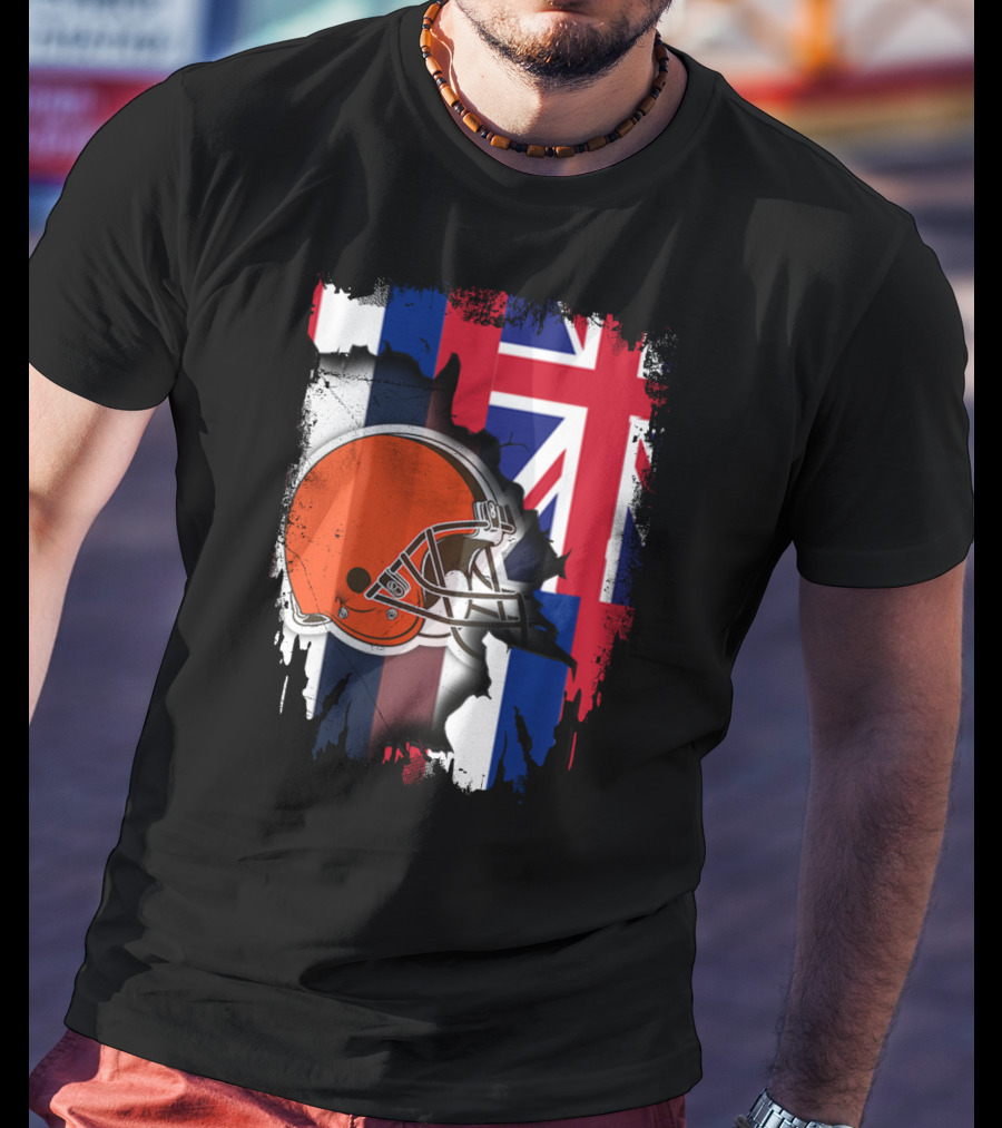 Hawaii Collaboration With Cleveland Browns Helmet And Flag T-Shirt
