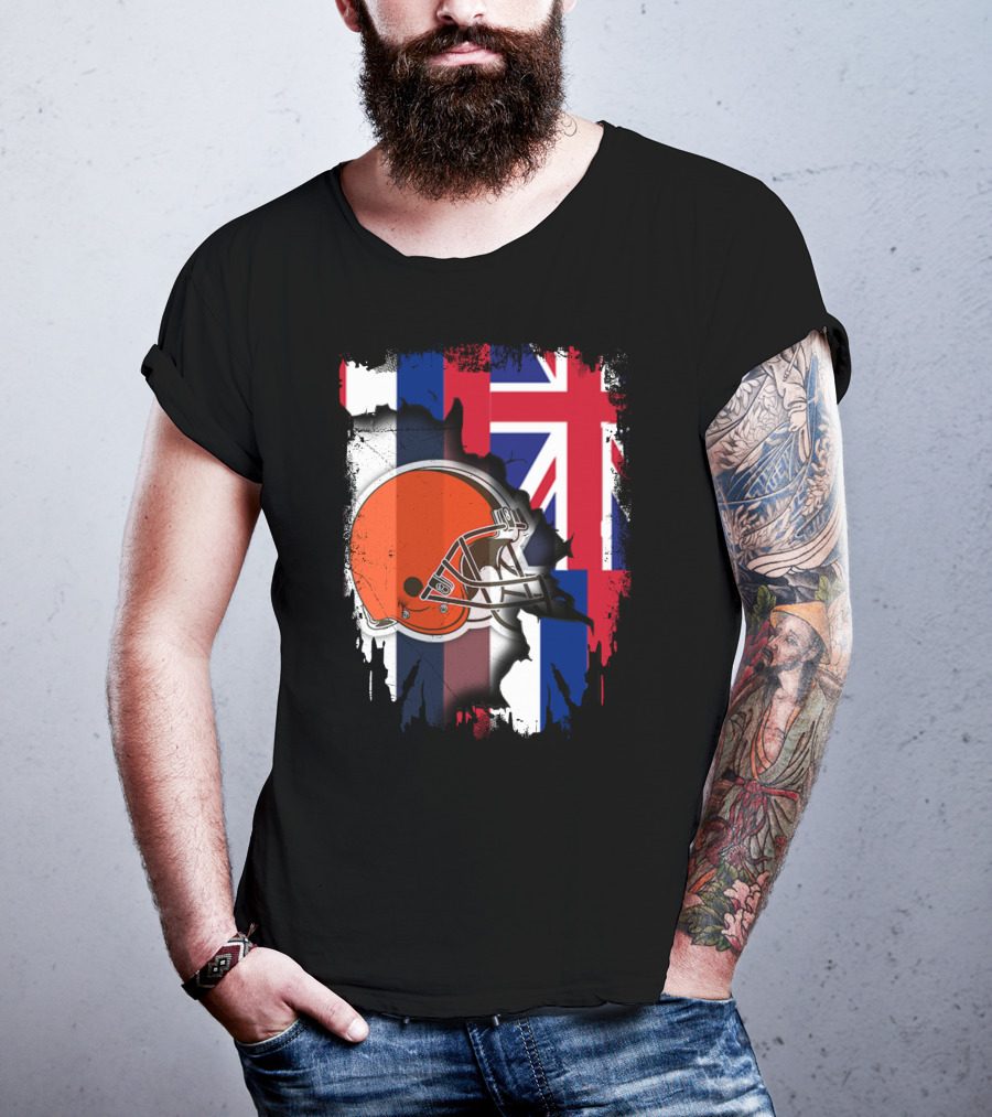 Hawaii Collaboration With Cleveland Browns Helmet And Flag T-Shirt