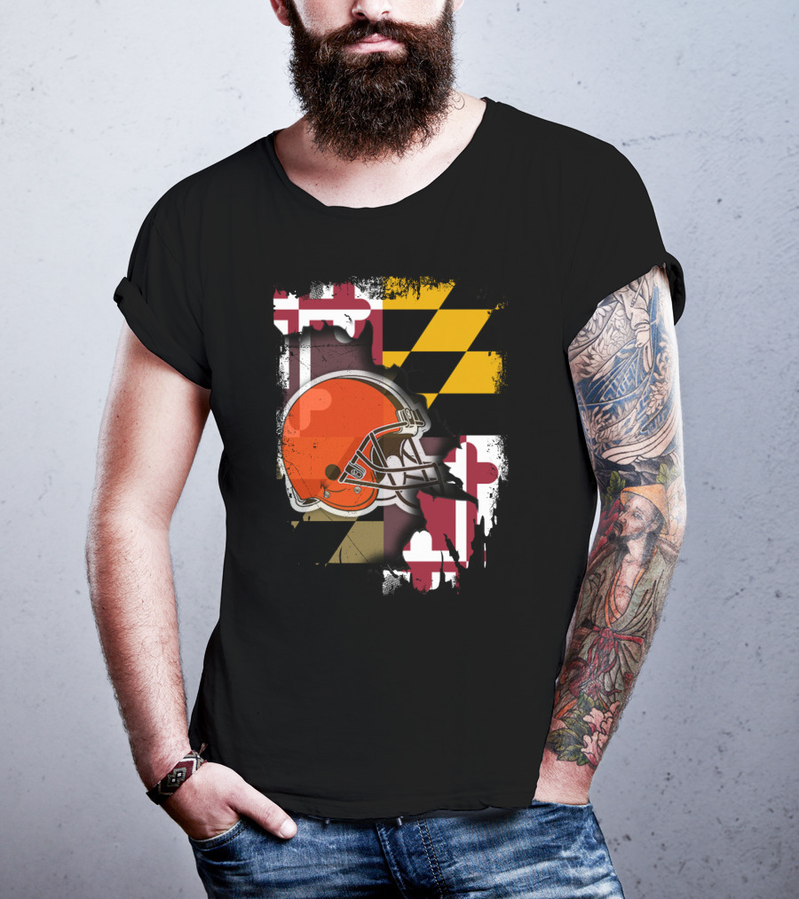 Maryland Flag With Cleveland Browns Helmet T-Shirt