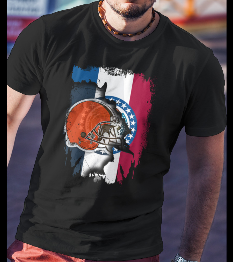 Cleveland Browns Helmet Over Missouri Flag Background T-Shirt