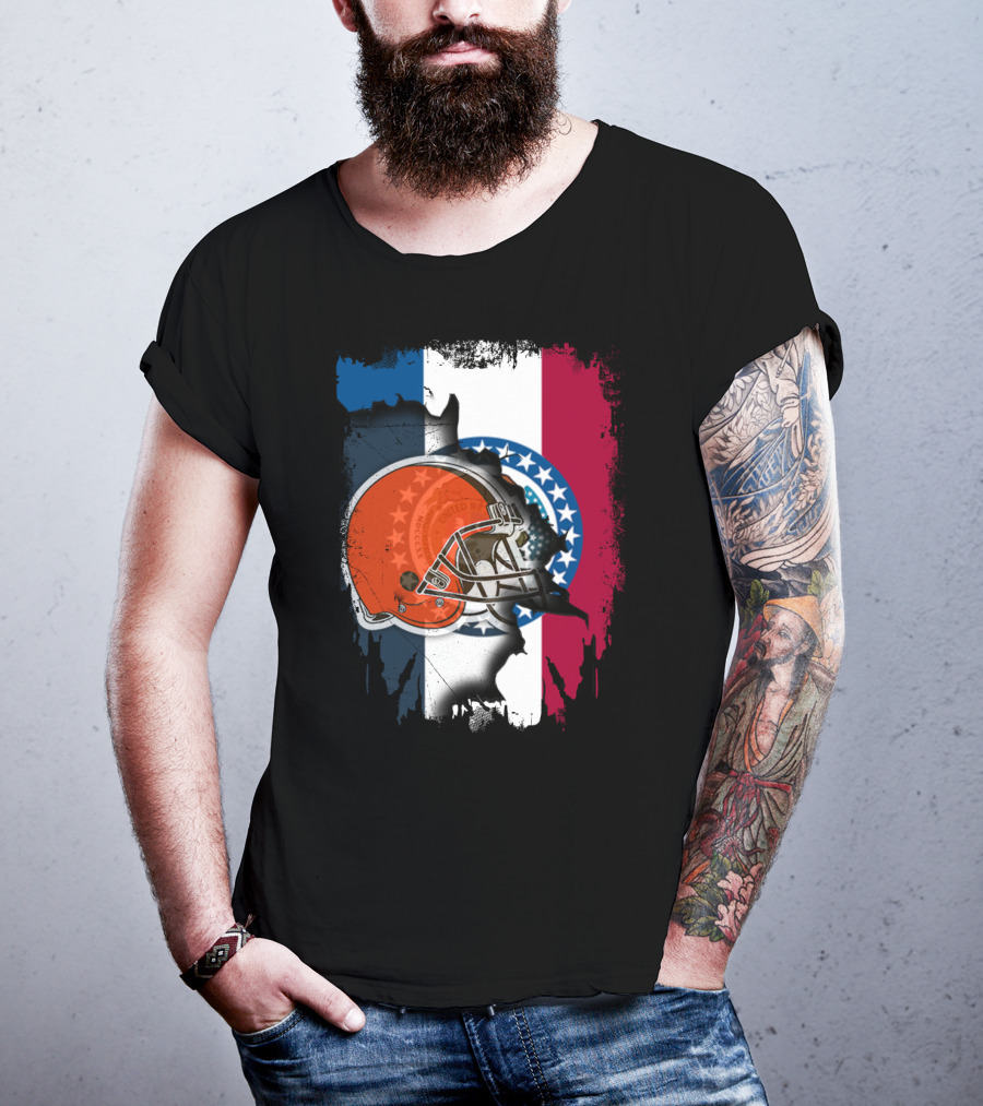 Cleveland Browns Helmet Over Missouri Flag Background T-Shirt