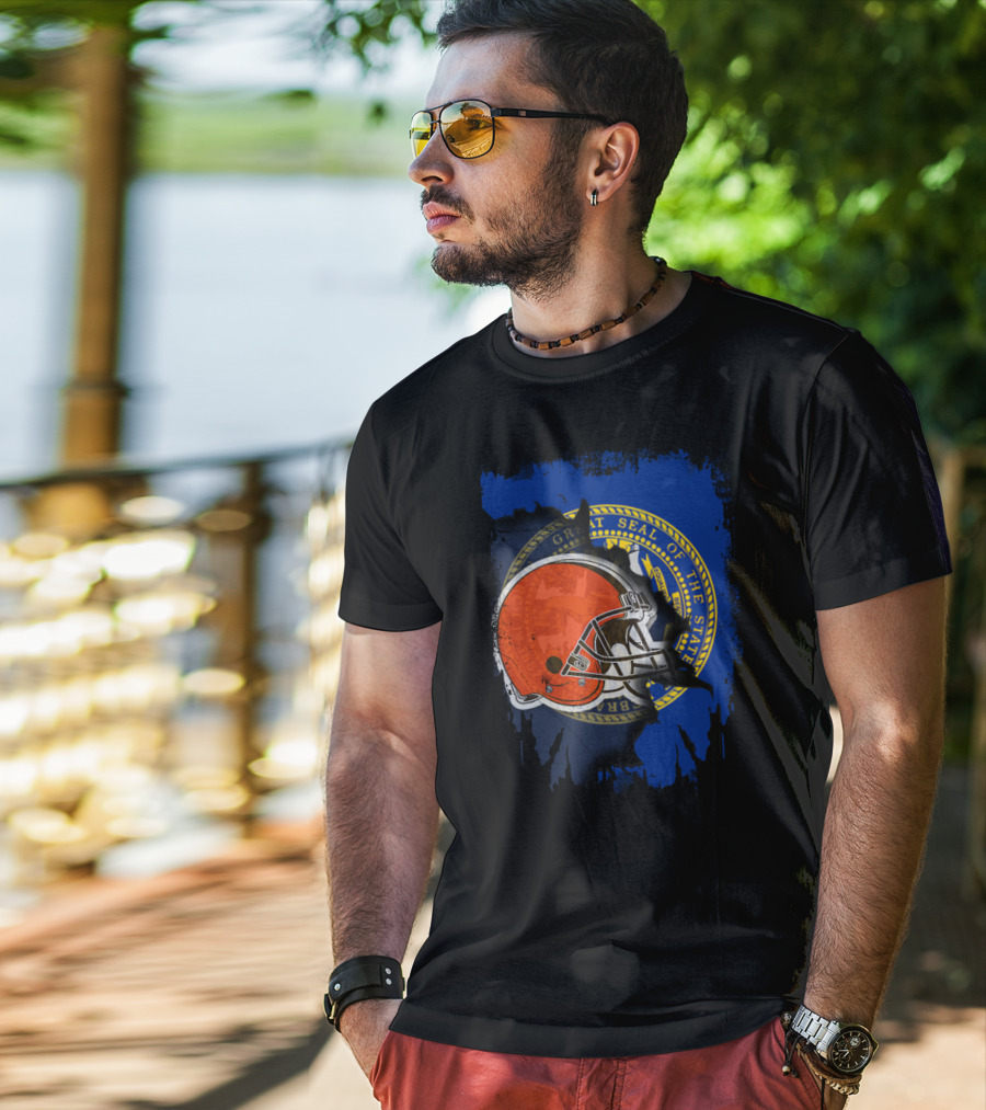 Nebraska State Seal With Browns Football Helmet T-Shirt