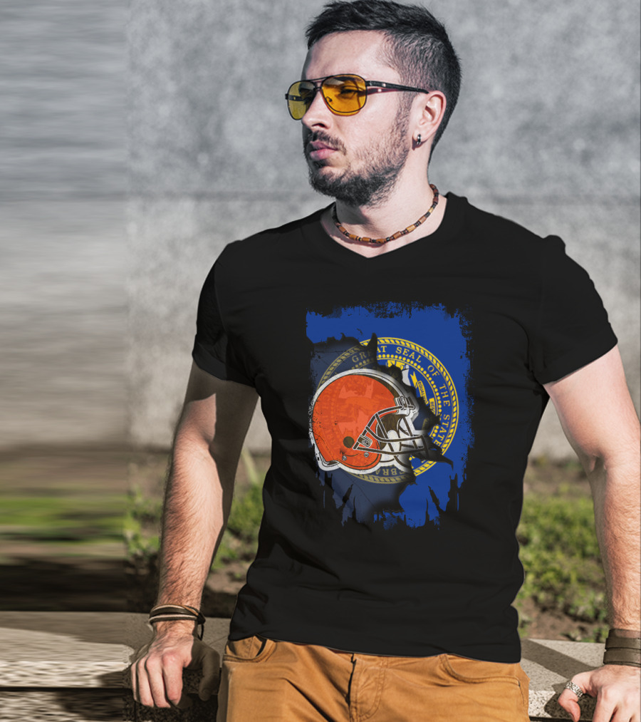 Nebraska State Seal With Browns Football Helmet T-Shirt