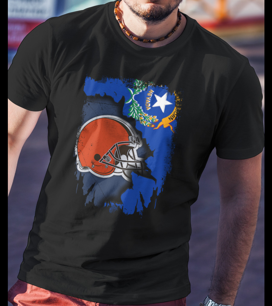 Nevada State Flag With Cleveland Browns Helmet Fusion T-Shirt