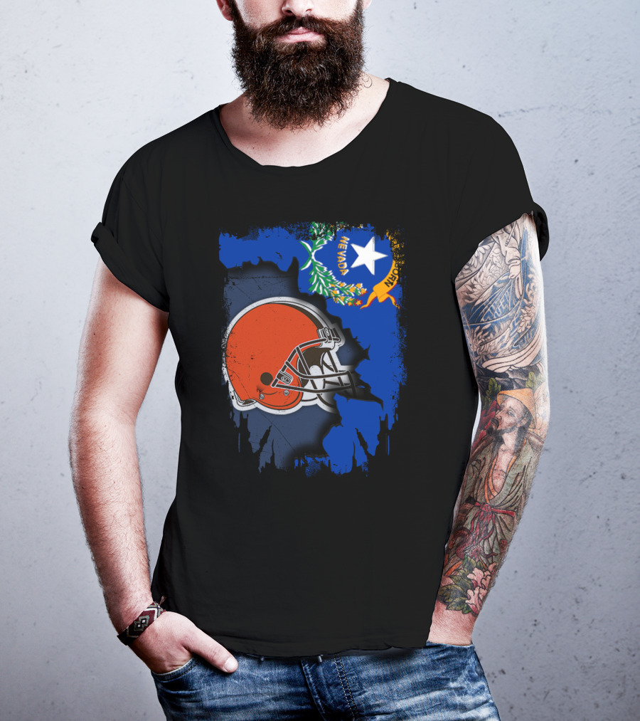 Nevada State Flag With Cleveland Browns Helmet Fusion T-Shirt