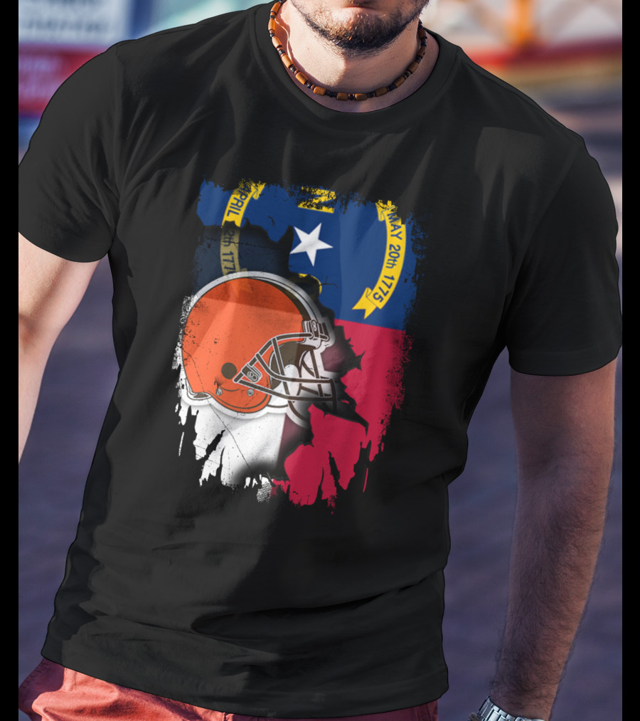 North Carolina State Flag Blended With Cleveland Browns Helmet T-Shirt