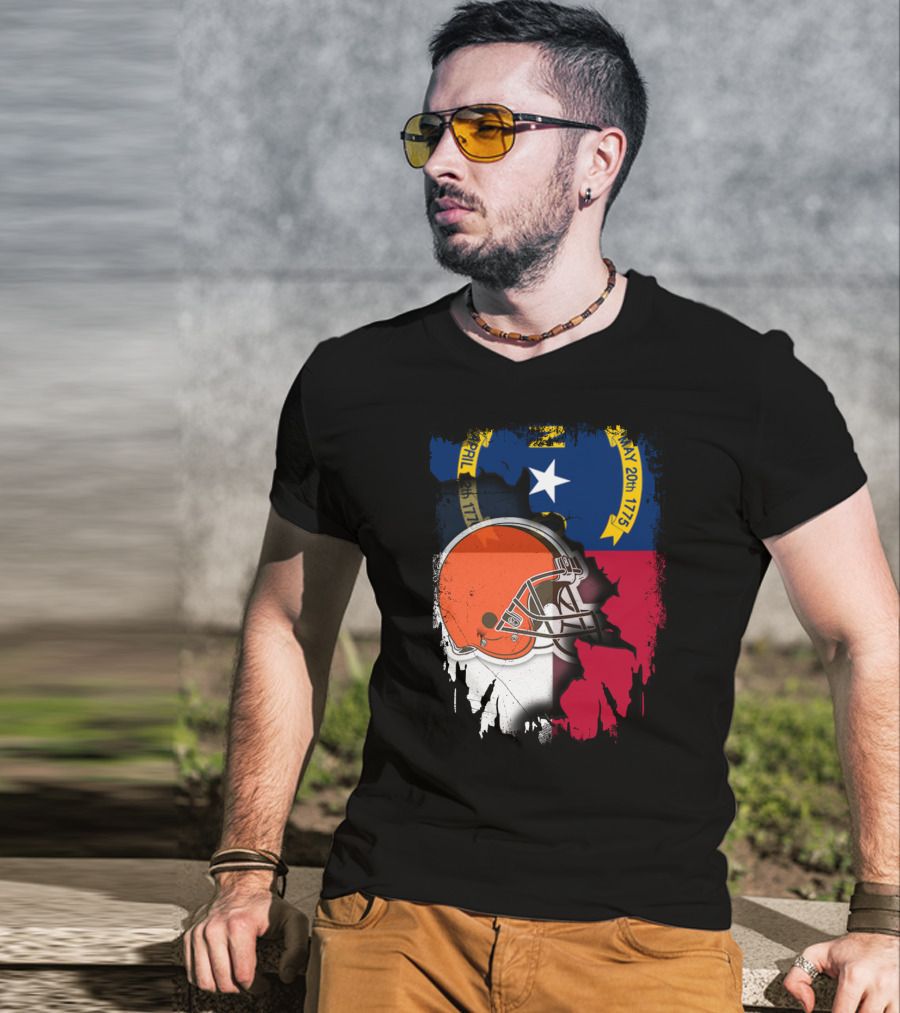 North Carolina State Flag Blended With Cleveland Browns Helmet T-Shirt
