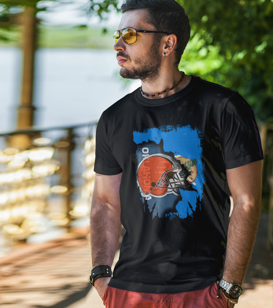 Oklahoma Browns Helmet Over State Flag T-Shirt