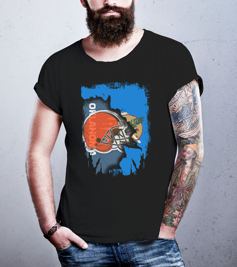 Oklahoma Browns Helmet Over State Flag T-Shirt