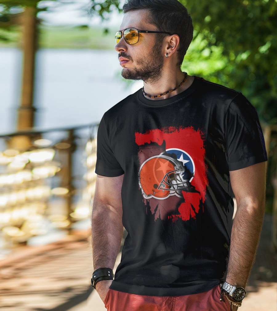 Together Tennessee With Browns Helmet And Tennessee Flag Background T-Shirt