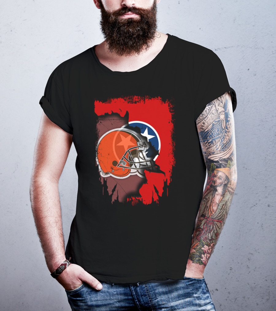 Together Tennessee With Browns Helmet And Tennessee Flag Background T-Shirt
