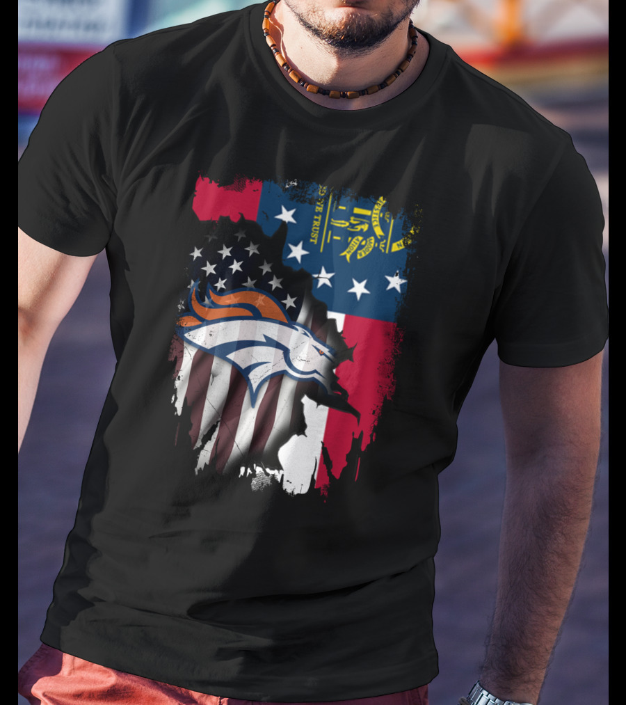Georgia State With Denver Broncos Flag Fusion T-Shirt
