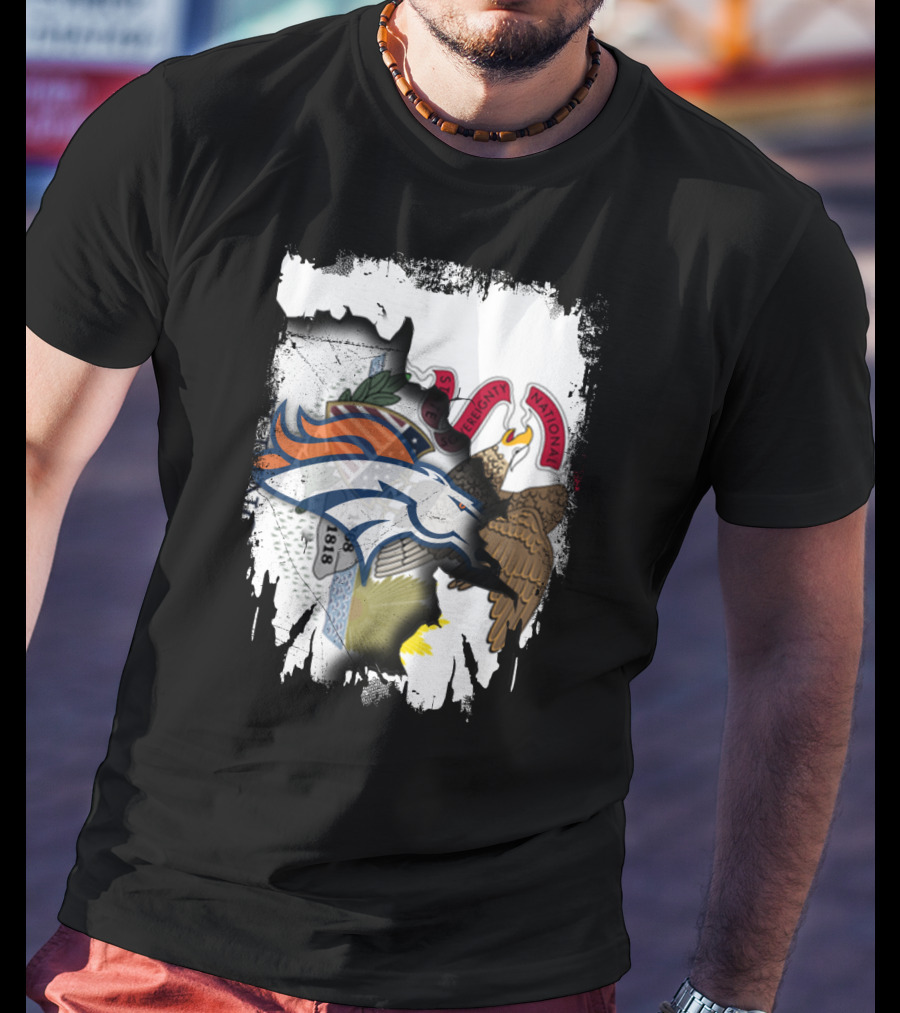 Illinois Flag Background With Denver Broncos Logo Collaboration T-Shirt
