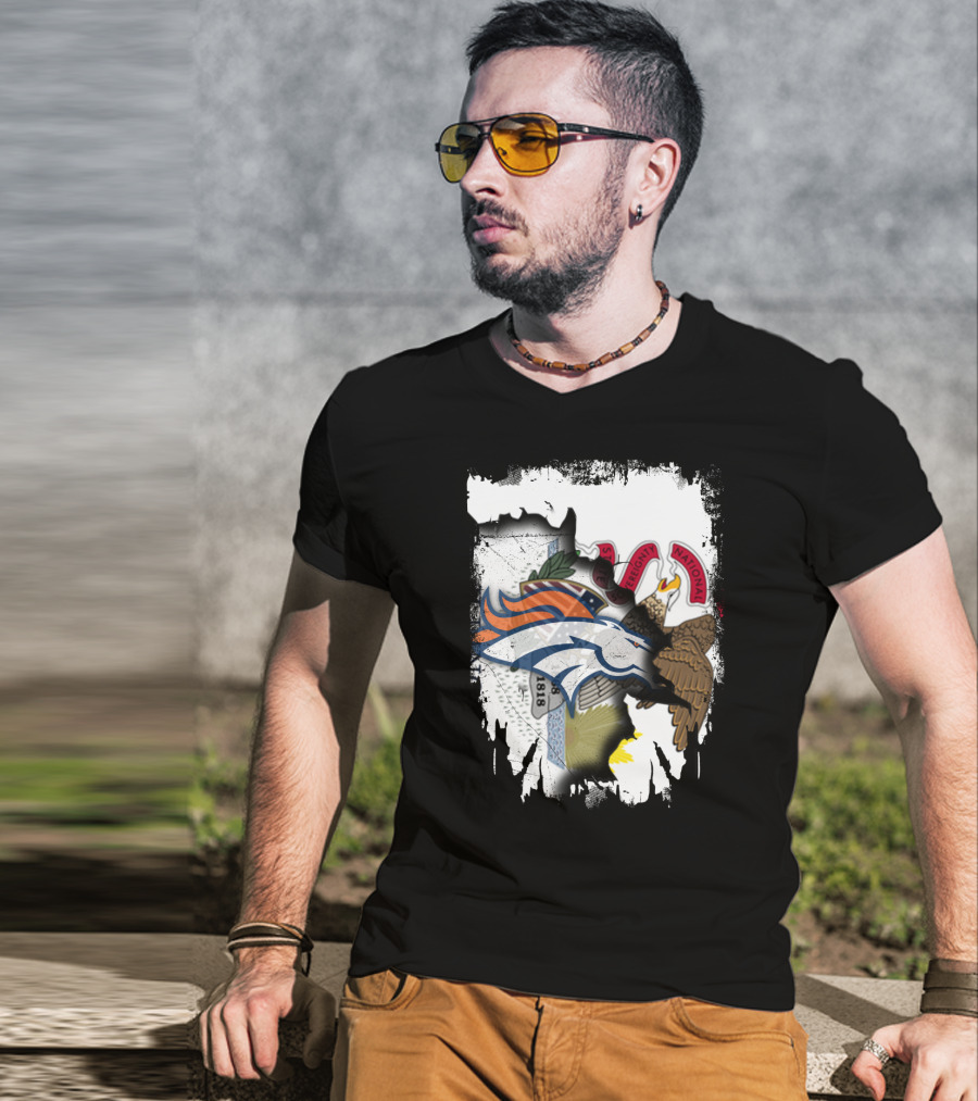 Illinois Flag Background With Denver Broncos Logo Collaboration T-Shirt