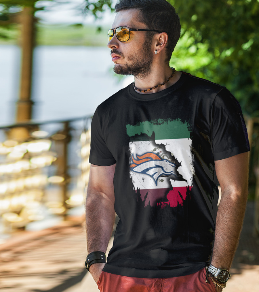 Mexico Flag With Broncos Logo Together T-Shirt