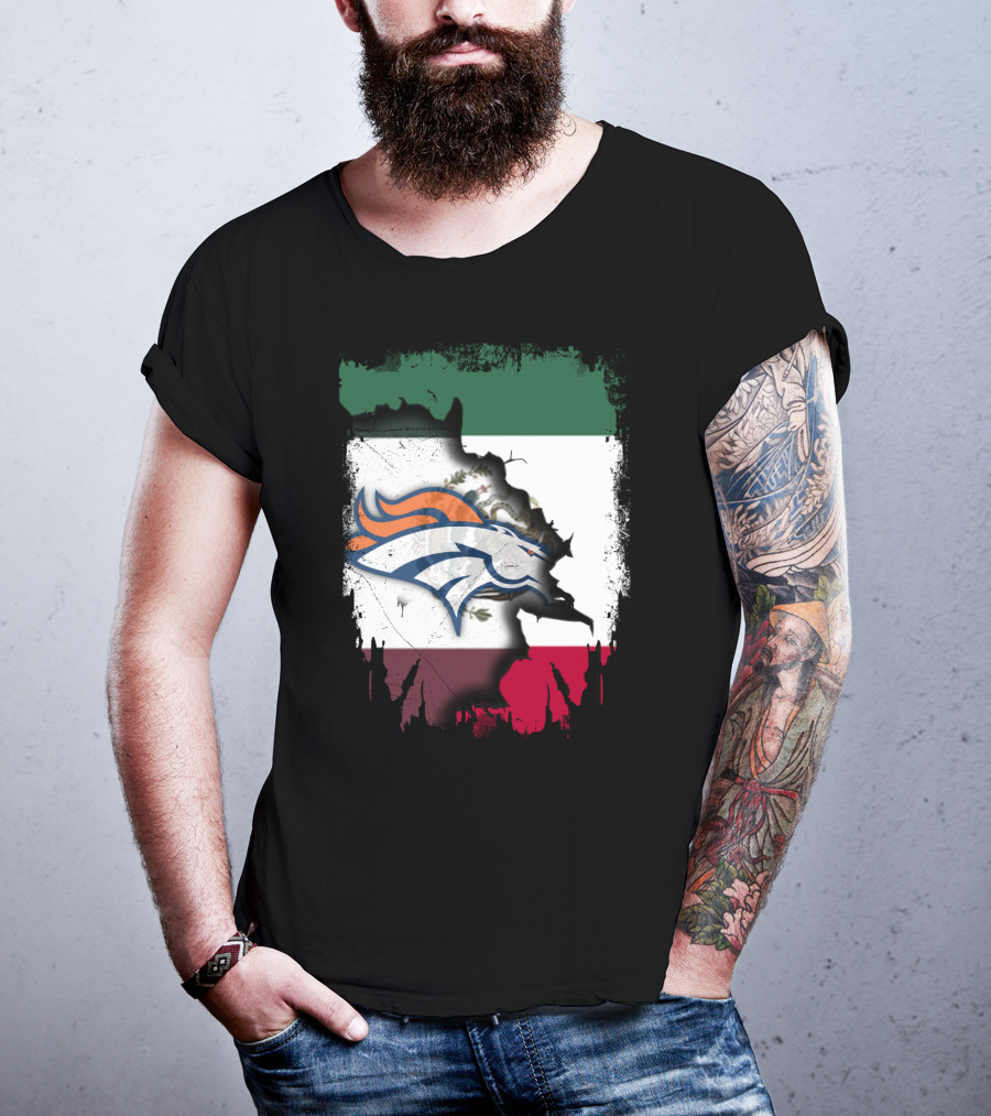 Mexico Flag With Broncos Logo Together T-Shirt