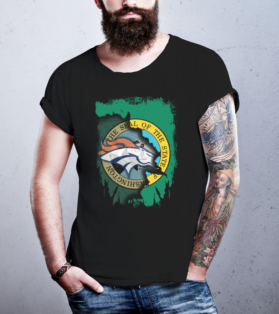The Seal Of The State Of Washington With Broncos Logo Fusion T-Shirt