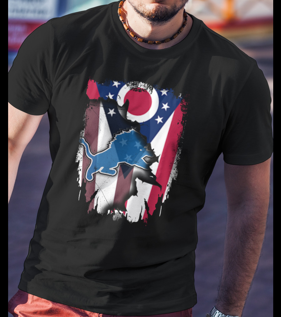 Ohio Flag With Detroit Lions Star-Spangled T-Shirt