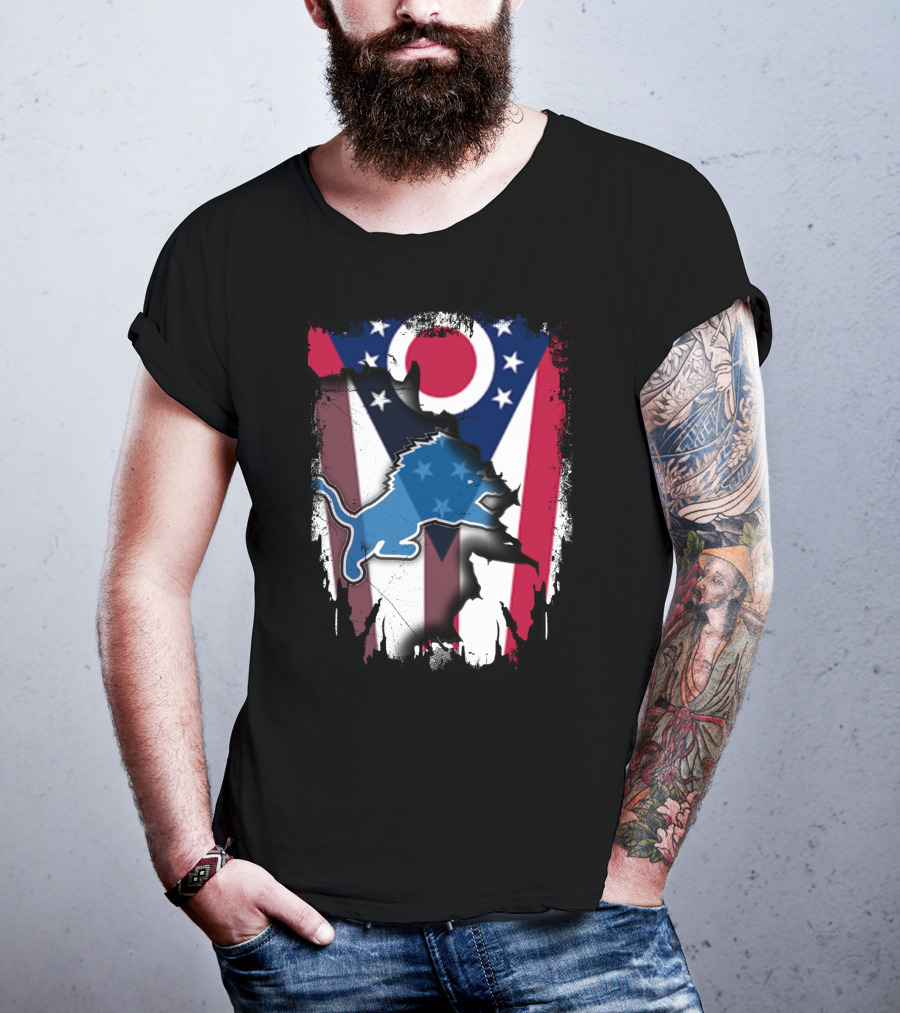 Ohio Flag With Detroit Lions Star-Spangled T-Shirt