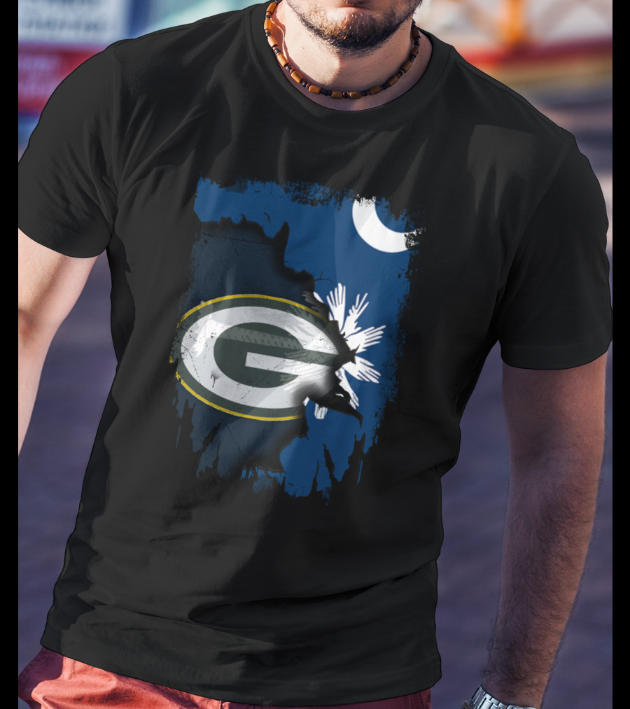 South Carolina And Packers Logo Blend With Crescent Moon And Palmetto Tree T-Shirt