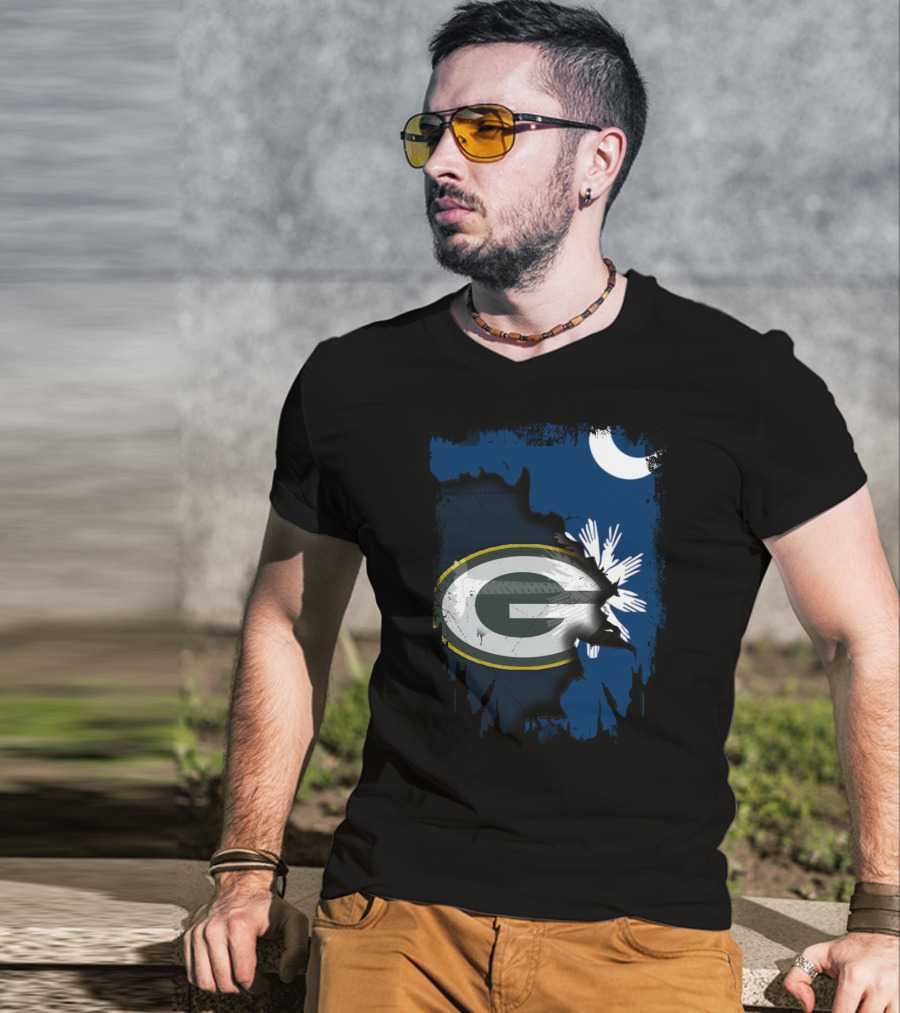 South Carolina And Packers Logo Blend With Crescent Moon And Palmetto Tree T-Shirt