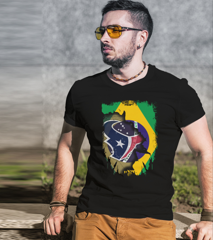 Brazilian Flag And Texans Logo Integration: Together Brazil With Texans T-Shirt