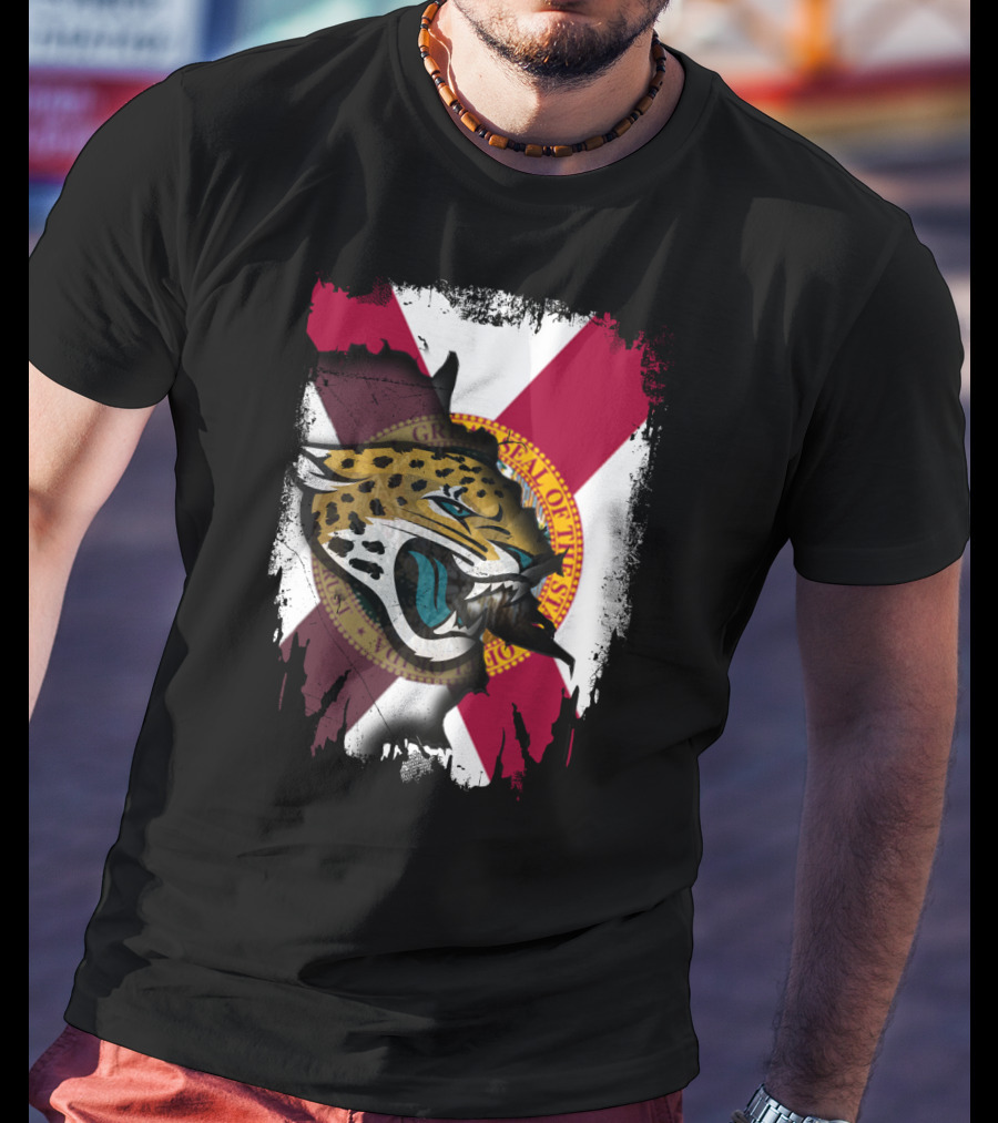 Florida State Flag With Jaguars Roaring Emblem Together T-Shirt