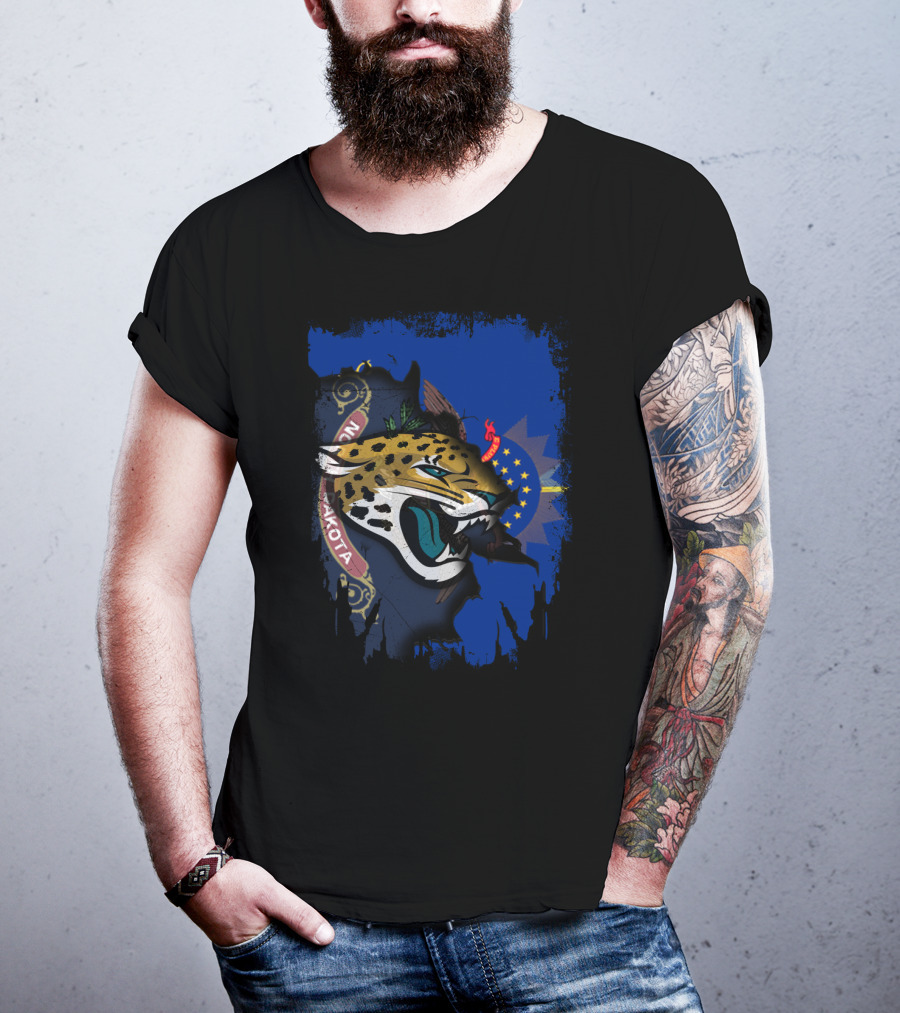 North Dakota State Flag With Jaguars Emblem Fusion T-Shirt
