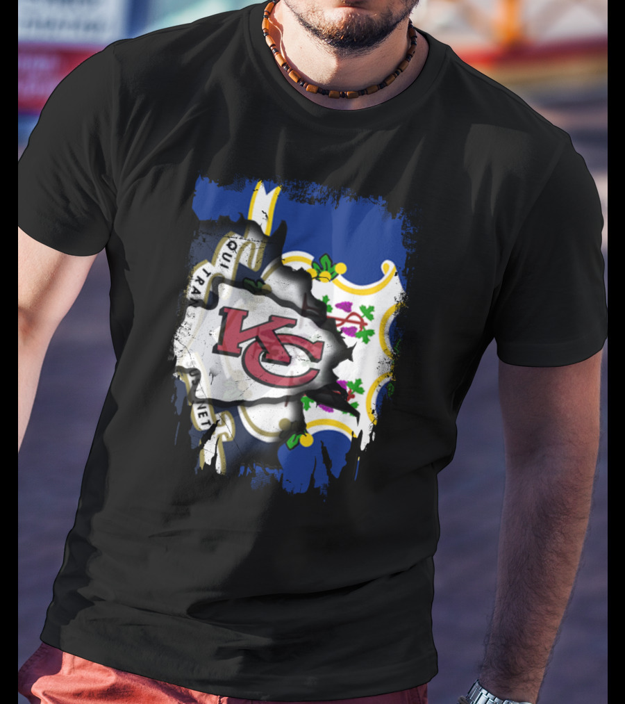 Connecticut State Flag With Kansas City Chiefs Logo Fusion T-Shirt