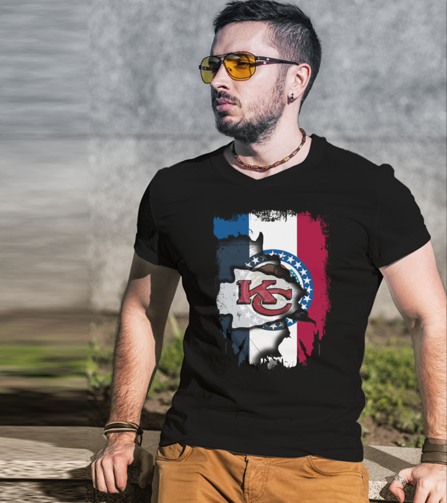 KC Chiefs Logo On Torn Missouri Flag Design Together T-Shirt