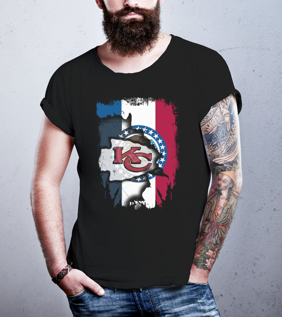 KC Chiefs Logo On Torn Missouri Flag Design Together T-Shirt