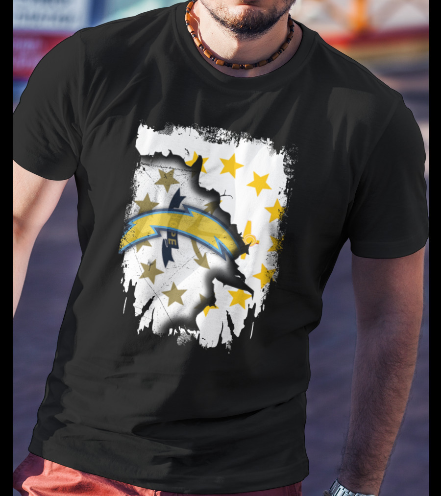Rhode Island Map With Chargers Logo And Stars T-Shirt