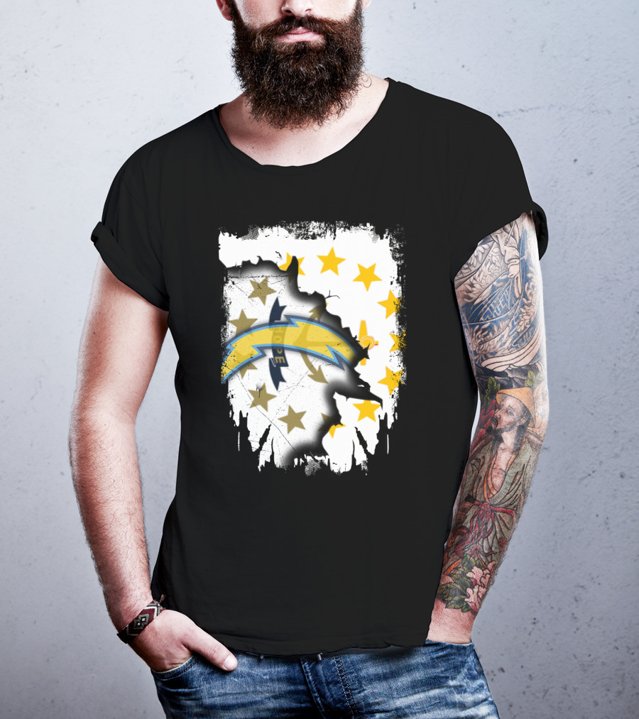 Rhode Island Map With Chargers Logo And Stars T-Shirt