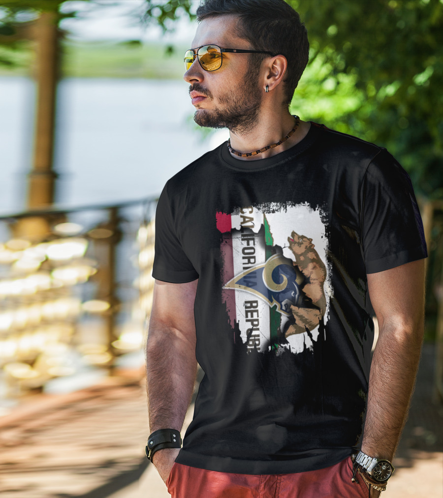 California Republic With Rams Logo Featuring Bear And State Flag T-Shirt