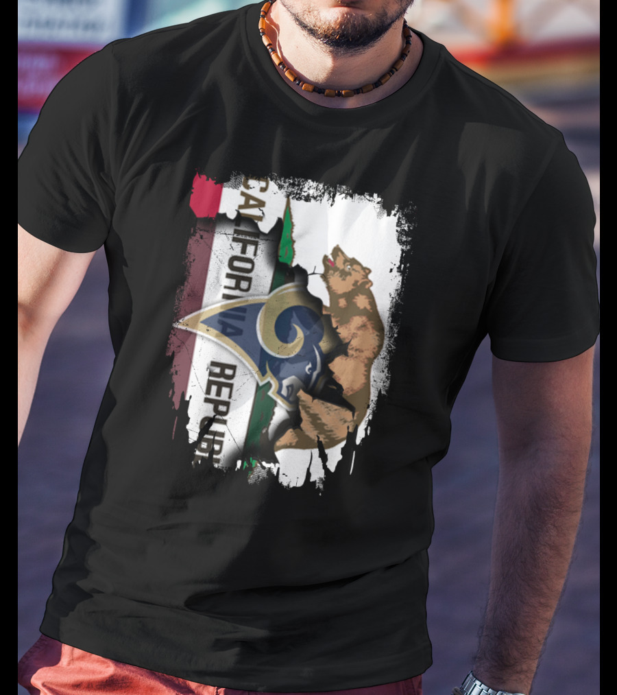 California Republic With Rams Logo Featuring Bear And State Flag T-Shirt