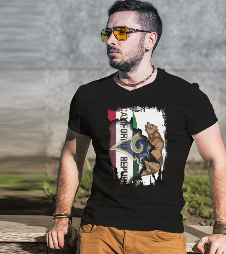 California Republic With Rams Logo Featuring Bear And State Flag T-Shirt