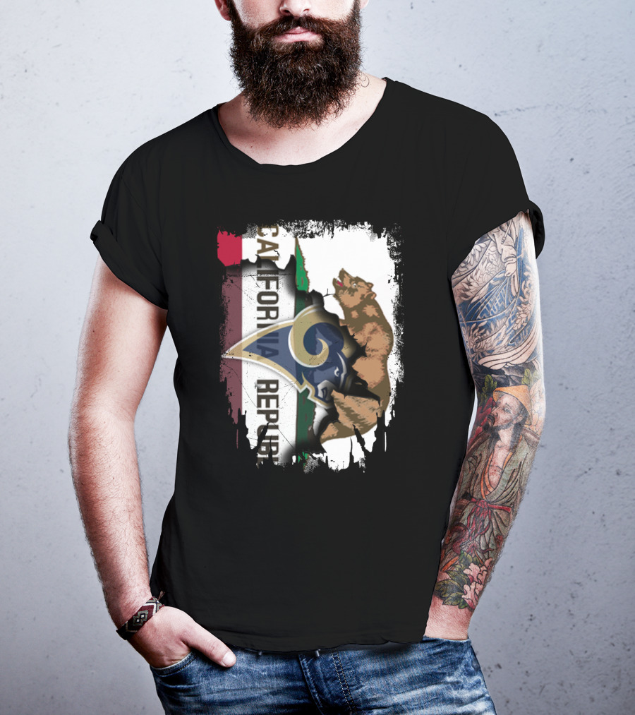 California Republic With Rams Logo Featuring Bear And State Flag T-Shirt