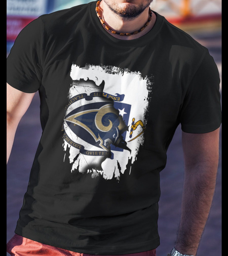 Massachusetts Together With Rams Logo Inside Torn Flag T-Shirt