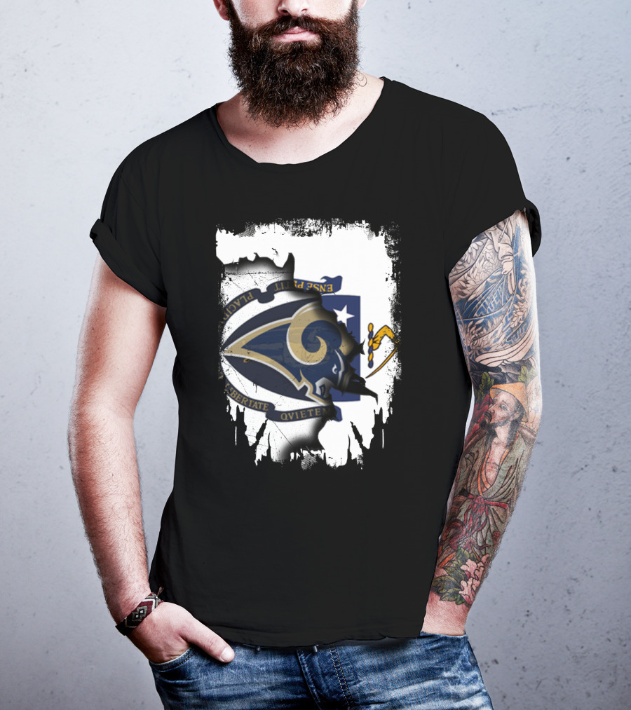Massachusetts Together With Rams Logo Inside Torn Flag T-Shirt