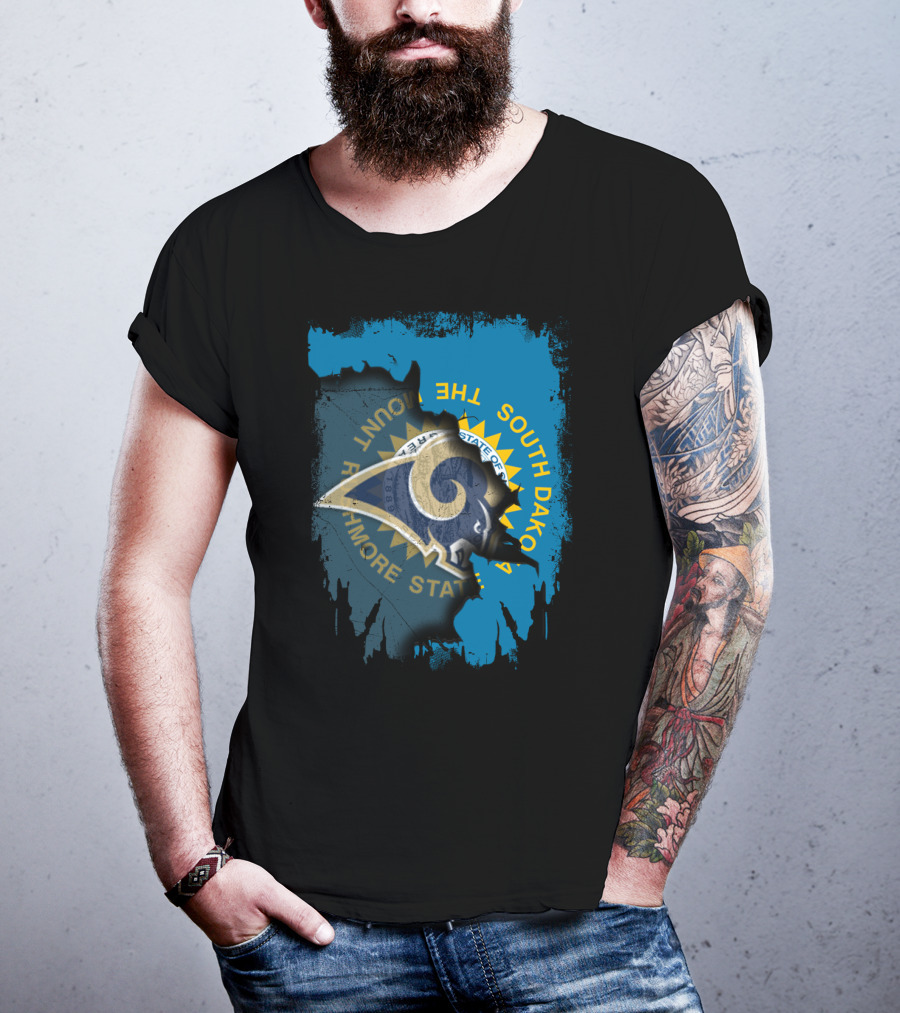 South Dakota State Outline With Rams And Mount Rushmore State Text T-Shirt