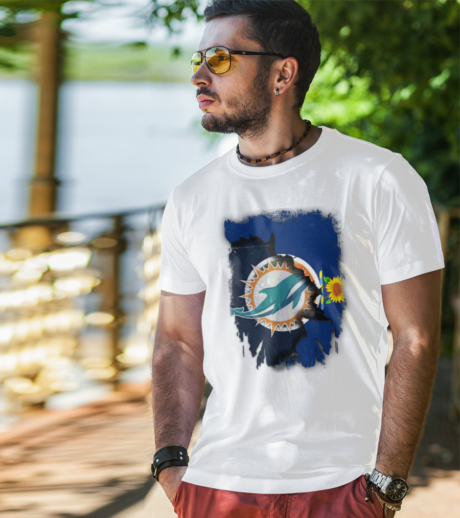 Kansas Flag With Miami Dolphins Logo And Sunflower T-Shirt