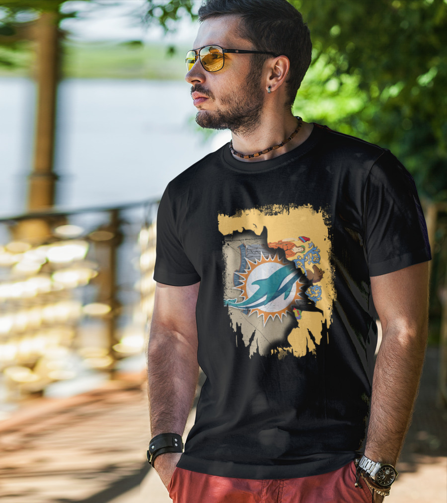 New Jersey Emblem With Miami Dolphins Logo Peeking Through T-Shirt