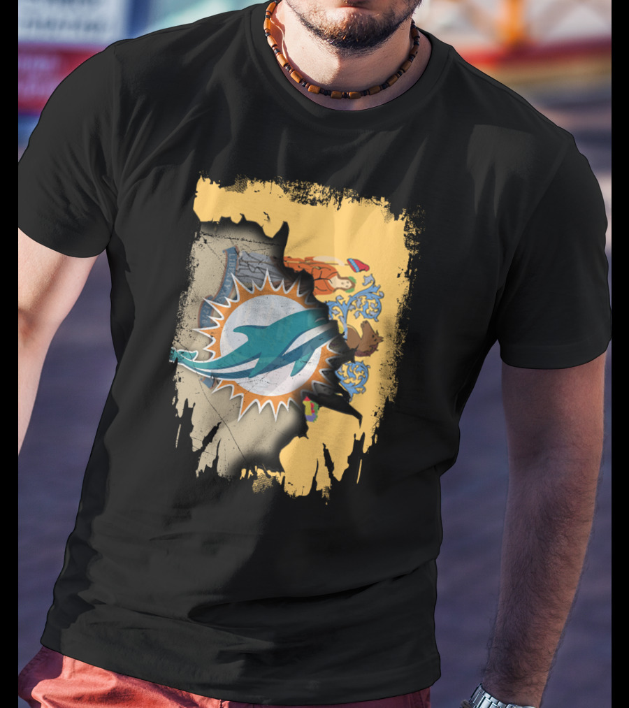 New Jersey Emblem With Miami Dolphins Logo Peeking Through T-Shirt