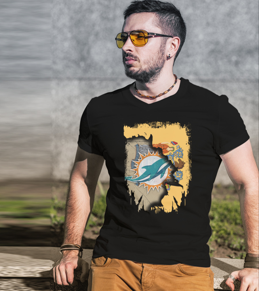 New Jersey Emblem With Miami Dolphins Logo Peeking Through T-Shirt
